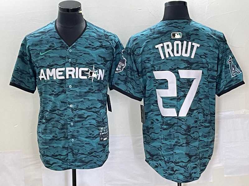 Men's Los Angeles Angels #27 Mike Trout Teal 2023 All Star Cool Base Stitched Jersey